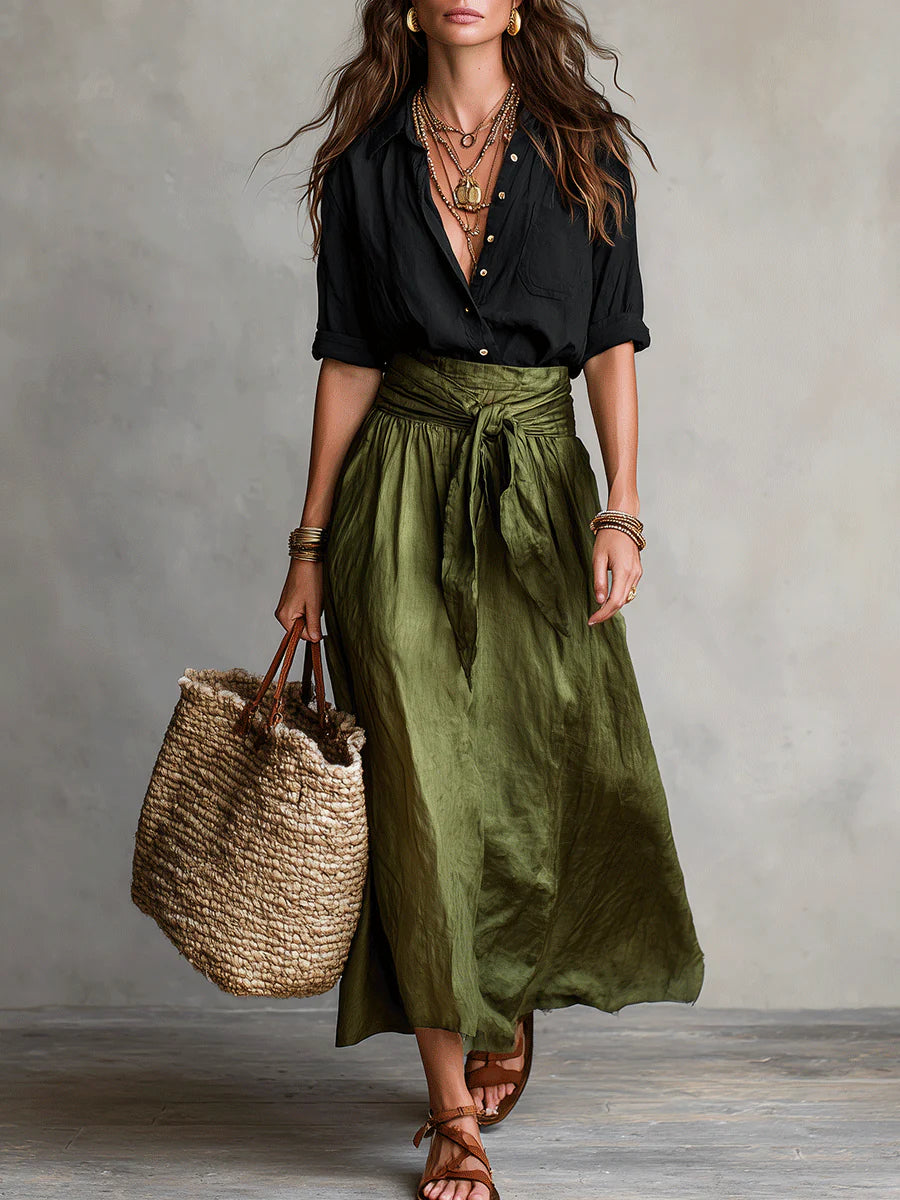 Bláthín | Two-Piece Set: Black T-Shirt and Olive Green Midi Skirt