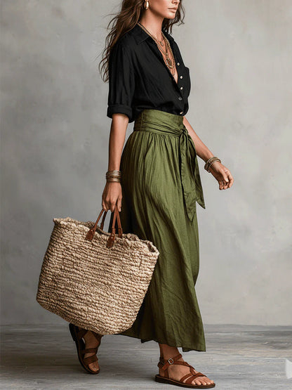 Bláthín | Two-Piece Set: Black T-Shirt and Olive Green Midi Skirt