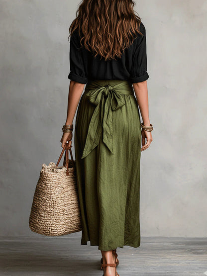 Bláthín | Two-Piece Set: Black T-Shirt and Olive Green Midi Skirt