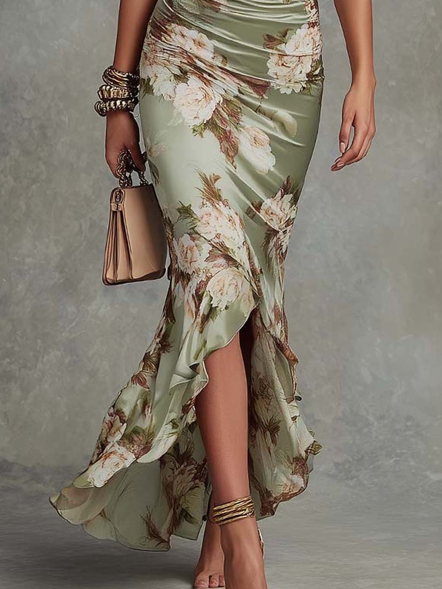 Grian | Long Satin Dress with Floral Print