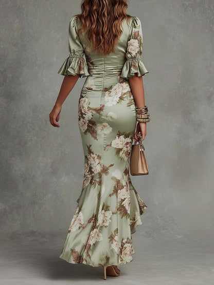 Grian | Long Satin Dress with Floral Print