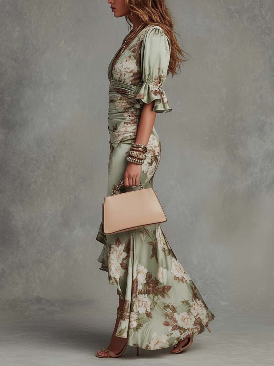 Grian | Long Satin Dress with Floral Print