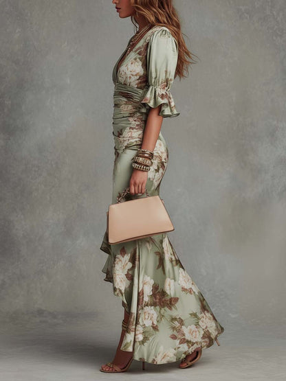 Grian | Long Satin Dress with Floral Print