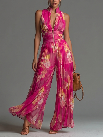 Bríd | Fuchsia Floral Pleated Chiffon Jumpsuit