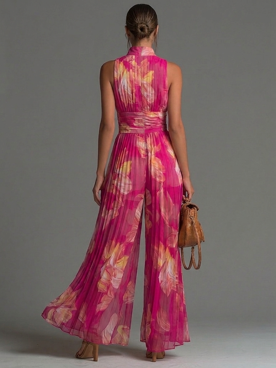 Bríd | Fuchsia Floral Pleated Chiffon Jumpsuit