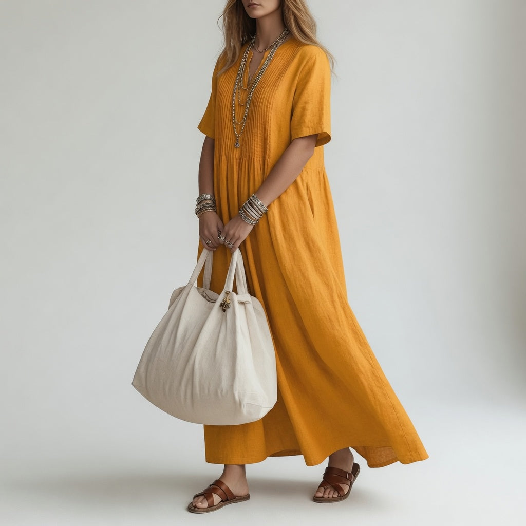 Méabh™ - Long V-Neck Cotton Dress with Summer Ease