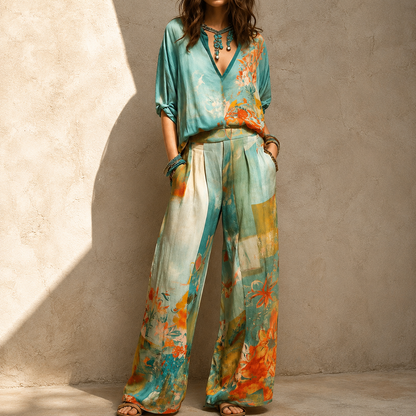 Ébliu | Elegant floral-print outfit with wide-leg pants