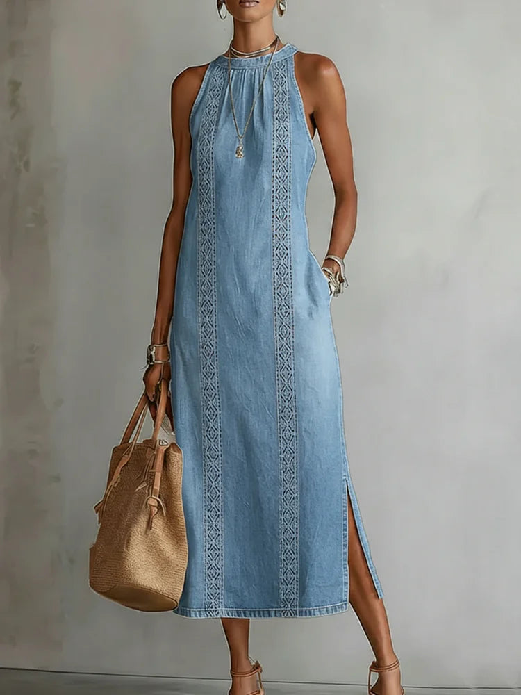 Robe en jean à détails en dentelle | Robe rétro boutonnée sur le devant