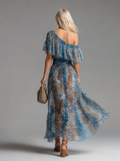 Sionann | Leopard Print Off-Shoulder Chiffon Maxi Dress