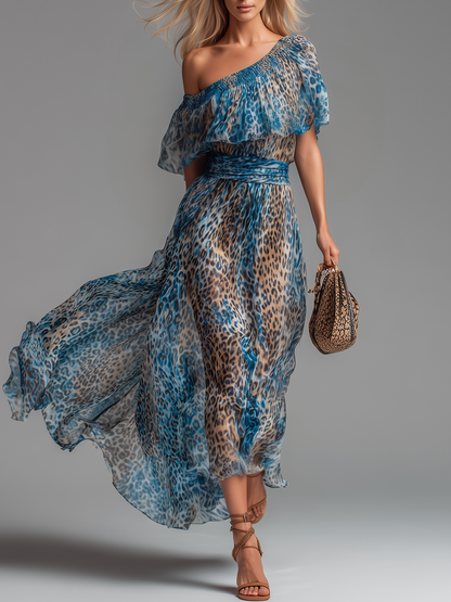 Sionann | Leopard Print Off-Shoulder Chiffon Maxi Dress