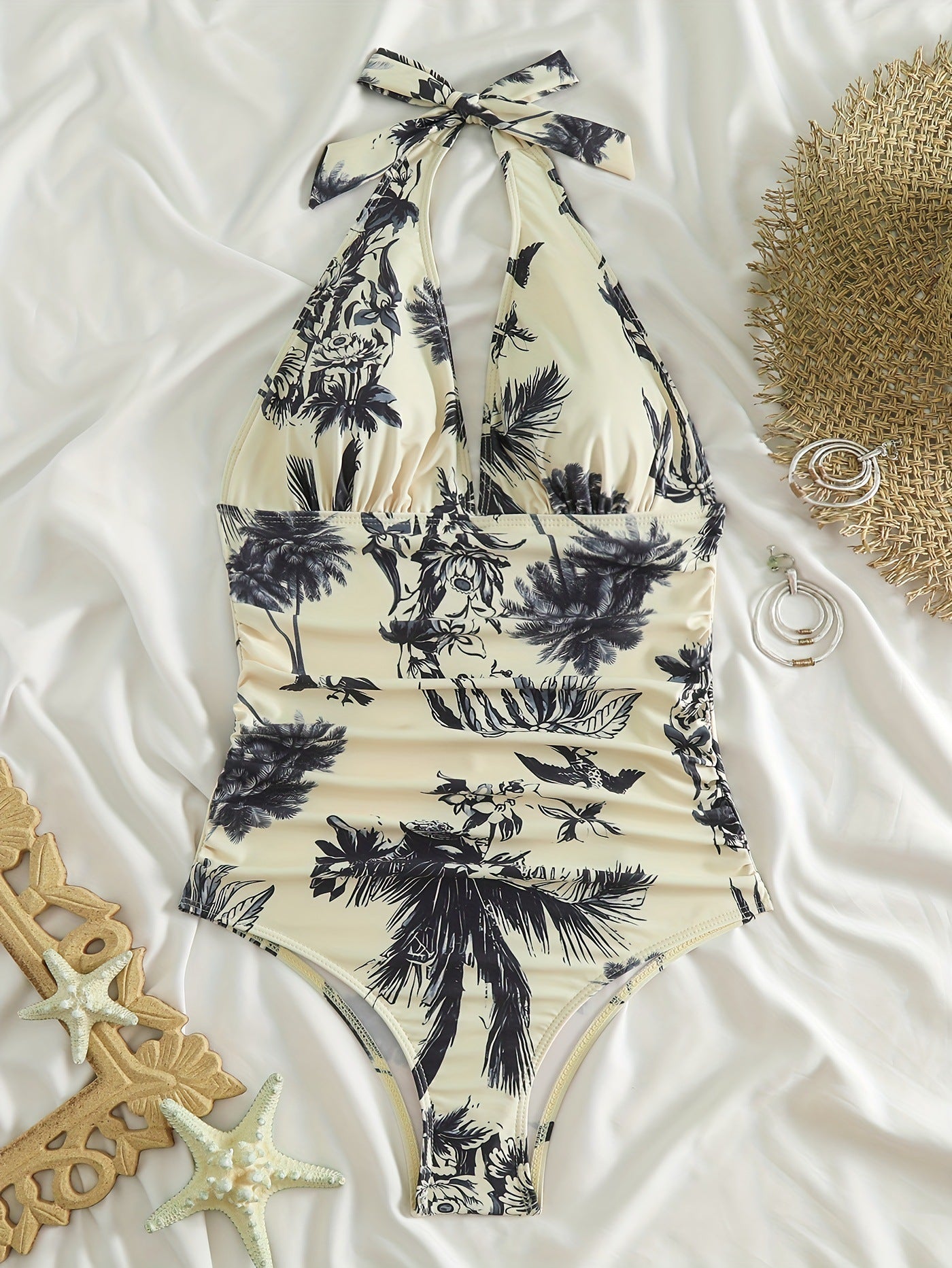 Sculpting swimsuit with V-neckline and floral print