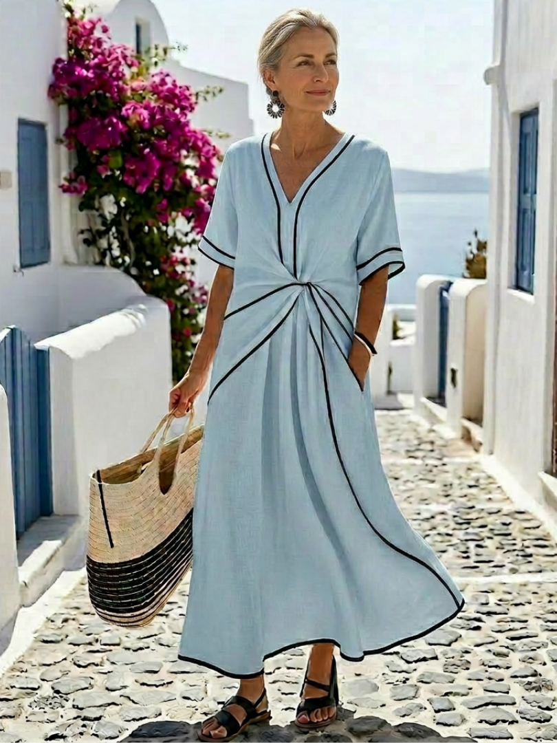 Niamh | V Neck Short Sleeve Gathered Waist Midi Dress