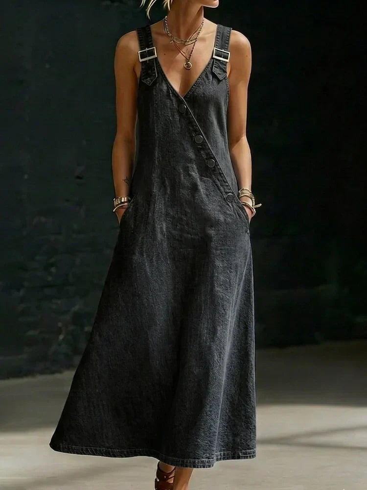 Robe longue en jean boutonnée pour femme