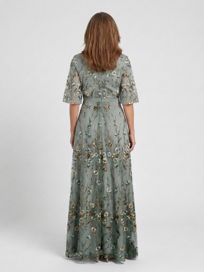 Isolde | Floral V-Neck Elbow-Length Sleeve Maxi Dress