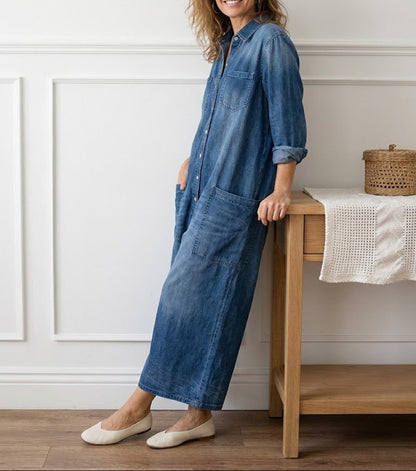 Bríd | Vintage Washed Soft Cotton Denim Jumpsuit with Button Closure