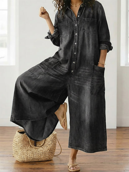 Bríd | Vintage Washed Soft Cotton Denim Jumpsuit with Button Closure