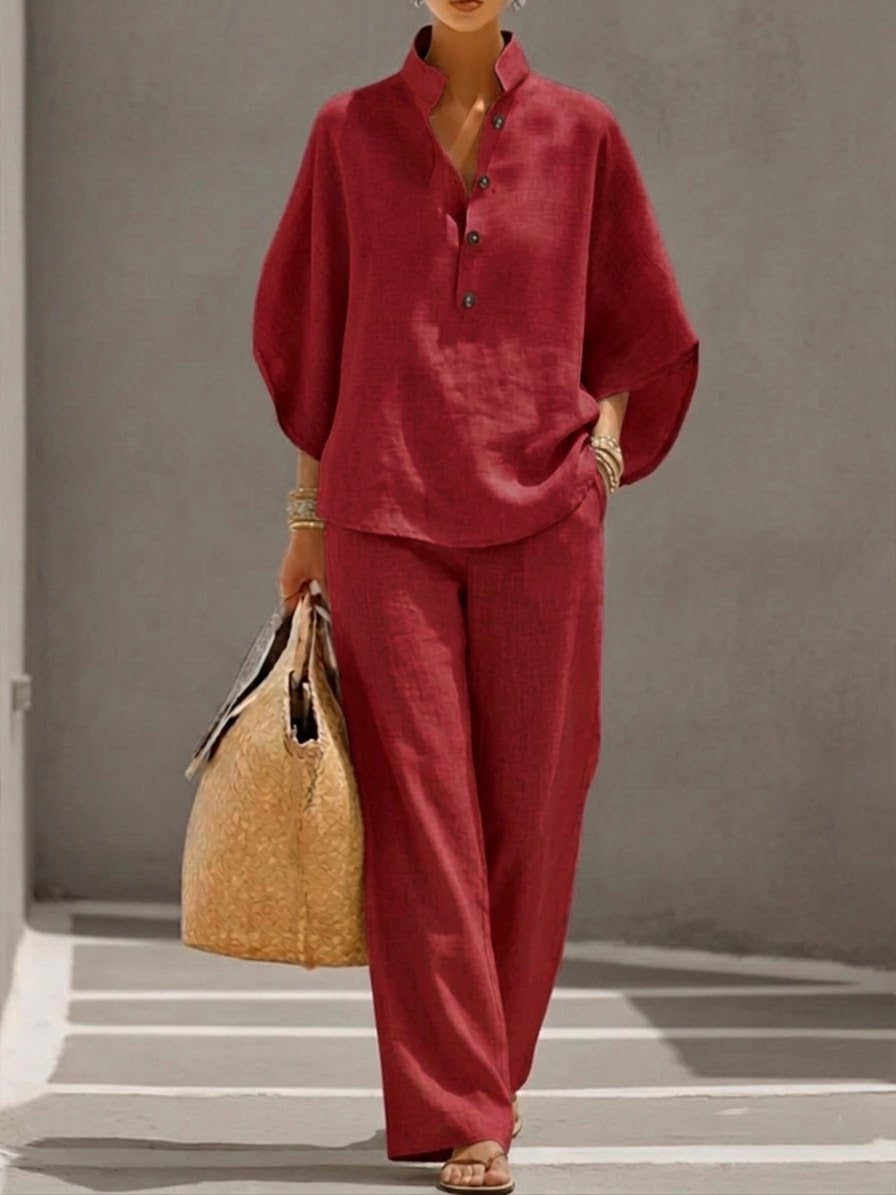 Líle | Cotton-Linen Set with Bat-Wing Sleeves and Wide-Leg Pants