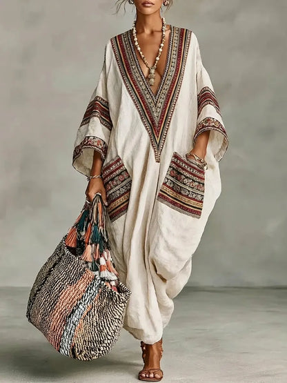 Women's Retro Ethnic Art Casual Vacation Cotton Linen Maxi Dress