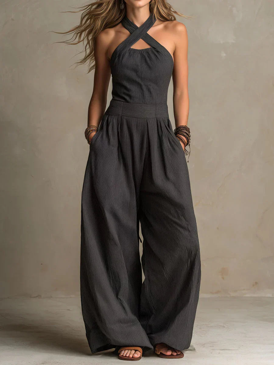 Dubheasa | Linen and Cotton Jumpsuit with an Elegant Cross-Neckline