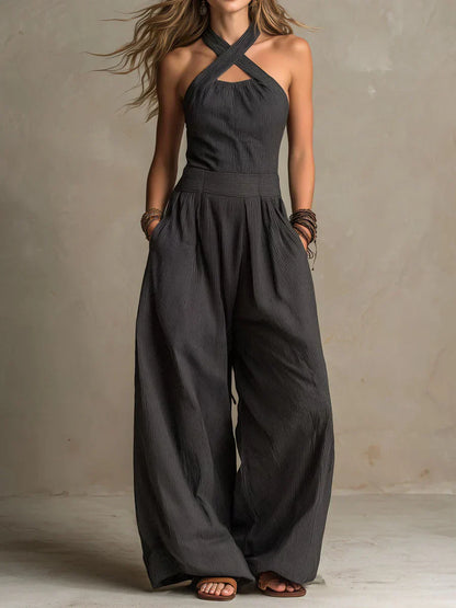 Dubheasa | Linen and Cotton Jumpsuit with an Elegant Cross-Neckline