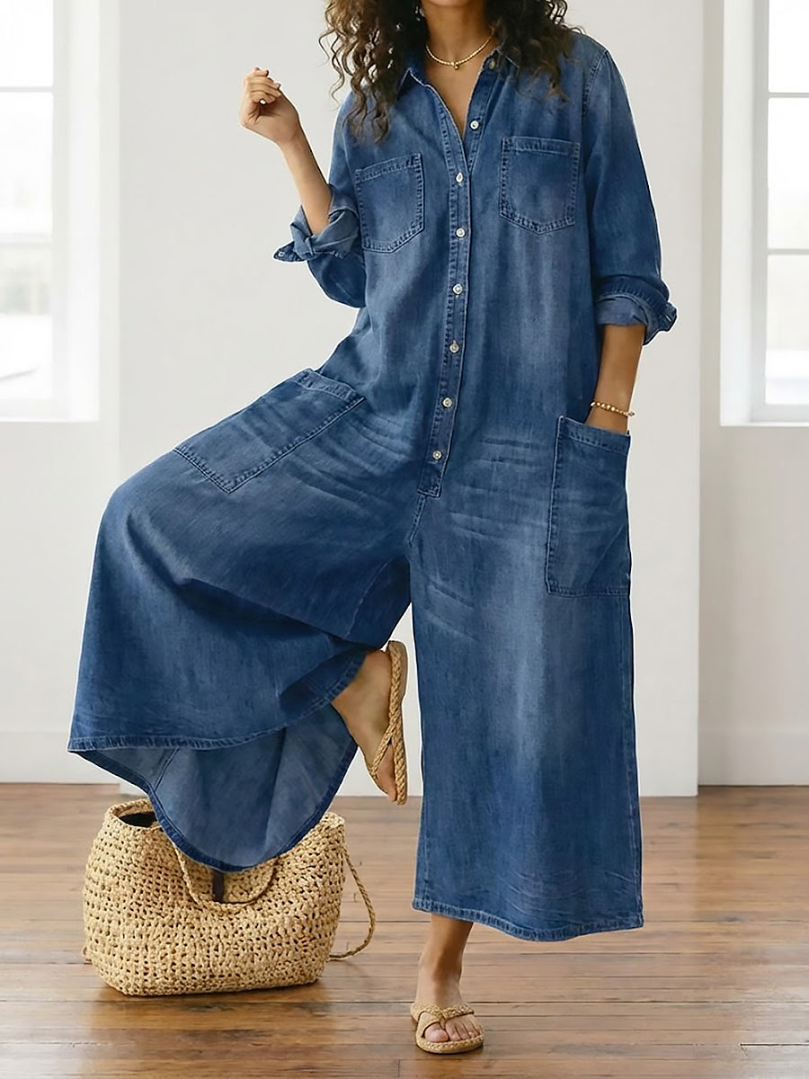 Bríd | Vintage Washed Soft Cotton Denim Jumpsuit with Button Closure