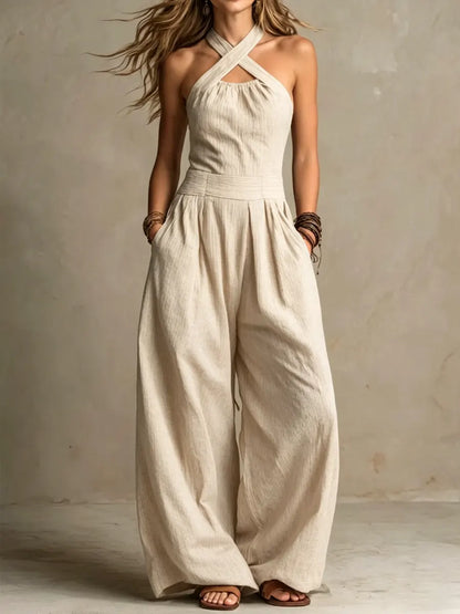 Dubheasa | Linen and Cotton Jumpsuit with an Elegant Cross-Neckline