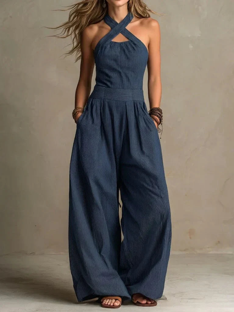 Dubheasa | Linen and Cotton Jumpsuit with an Elegant Cross-Neckline