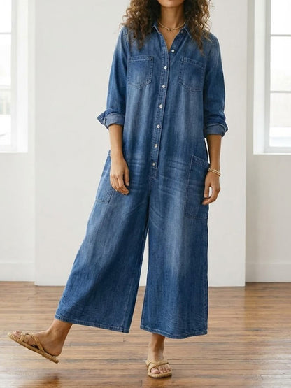 Bríd | Vintage Washed Soft Cotton Denim Jumpsuit with Button Closure