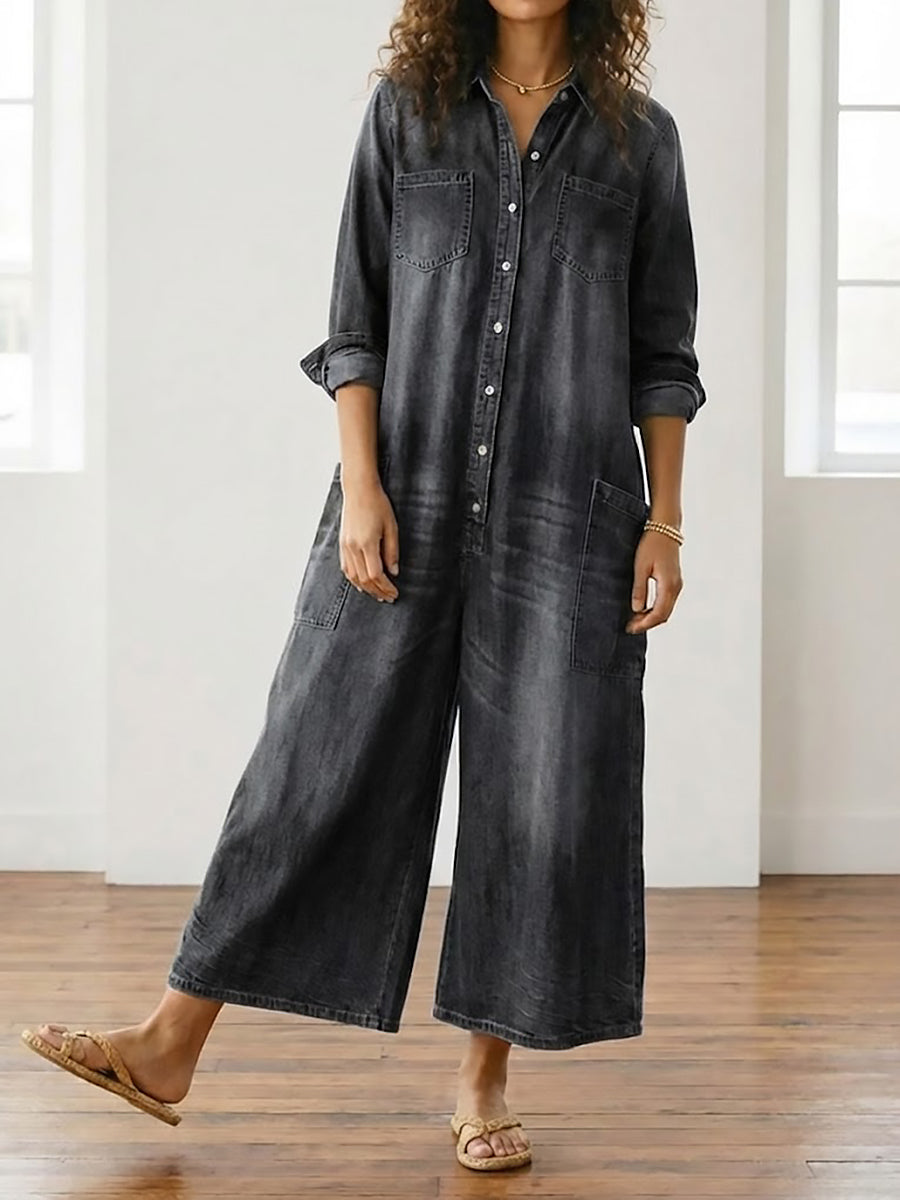 Bríd | Vintage Washed Soft Cotton Denim Jumpsuit with Button Closure