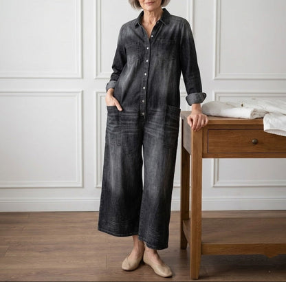Bríd | Vintage Washed Soft Cotton Denim Jumpsuit with Button Closure