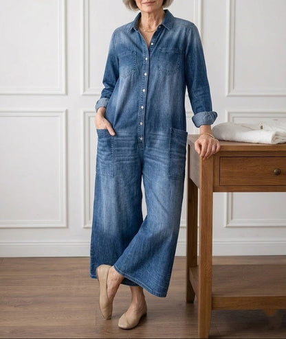 Bríd | Vintage Washed Soft Cotton Denim Jumpsuit with Button Closure