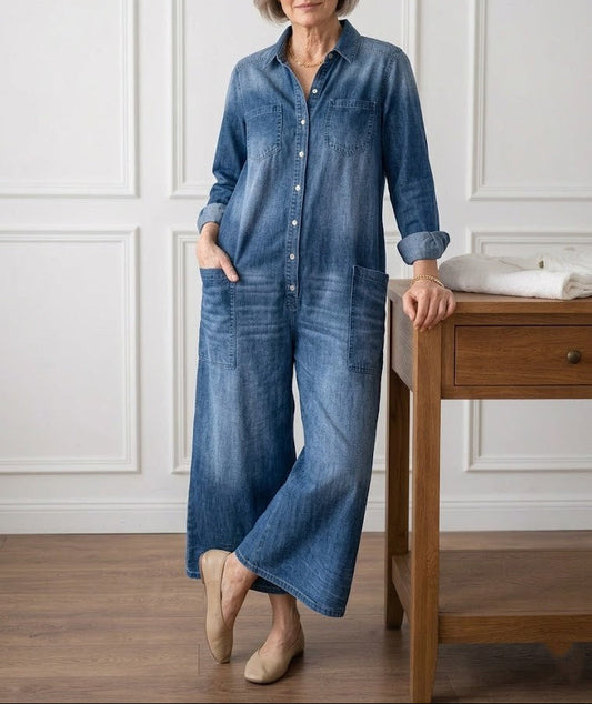 Bríd | Vintage Washed Soft Cotton Denim Jumpsuit with Button Closure