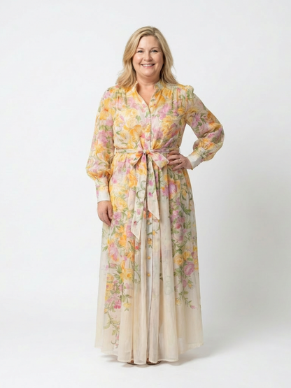 Petronella | Floral Print Sheer Long Sleeve Belted Button-Front Maxi Dress